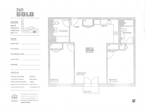 Floor plan for 2 beds, 2 baths, 840 sqft